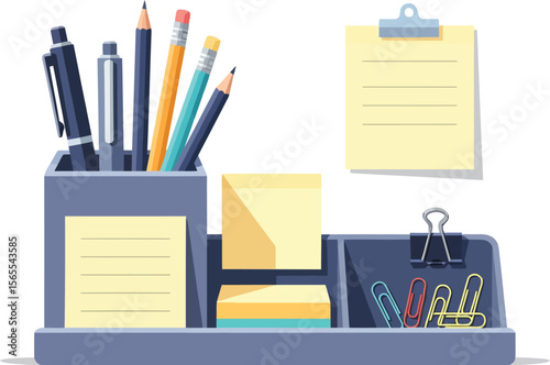 Organized and vibrant illustration of a stationery desk organizer with pens pencils sticky notes and paperclips