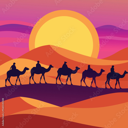 Camels Walking at Sunset  Desert Silhouette Scene