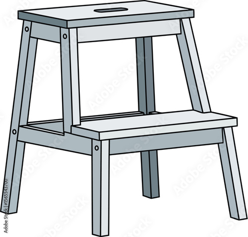 Illustration of a two step wooden step stool in simple grayscale perspective view