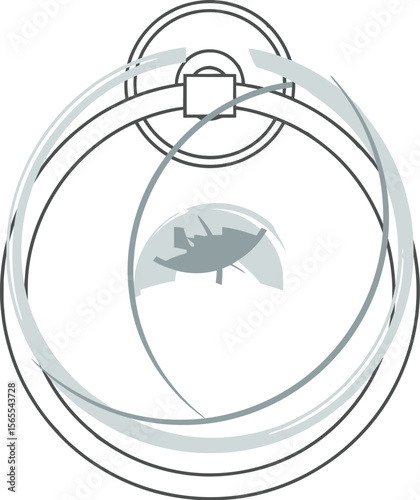 Abstract grey circular composition with stylized decorative elements and a central geometric shape suggesting design concepts