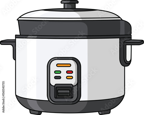 Flat illustration of a modern electric rice cooker displaying digital control panel and lid for food preparation