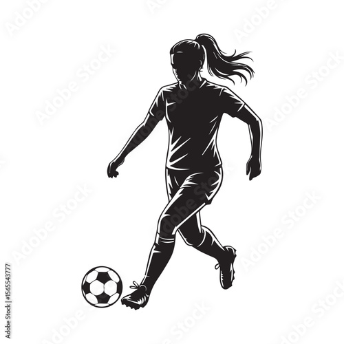 Silhouette of a woman playing soccer, isolated on white background