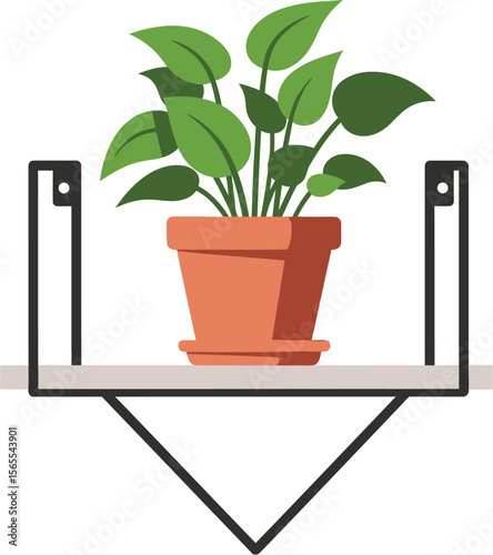 Simple illustration of a potted green houseplant displayed on a minimalist floating shelf with a geometric design