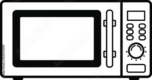 A black and white simplified vector illustration of a modern microwave oven isolated design