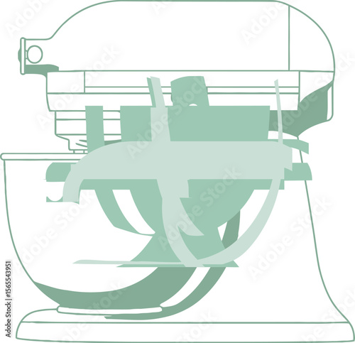 Minimalist illustration of a stand mixer featuring a pale green color for food preparation and home cooking