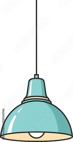 Decorative pendant light fixture with a teal lampshade hanging from a ceiling in a contemporary illustration.