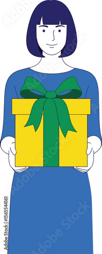 Woman presenting a yellow gift box tied with a green bow in a simplified flat design