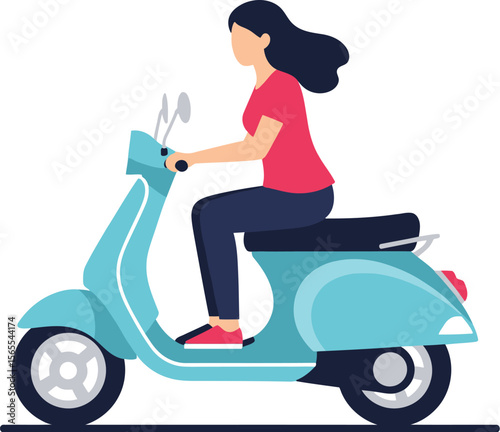 A stylish illustration depicting a young woman in casual clothing riding a vintage aqua scooter against a white background.