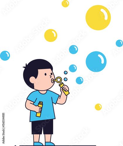 A cheerful little boy blowing bubbles enjoying a moment of joy in a lighthearted illustration