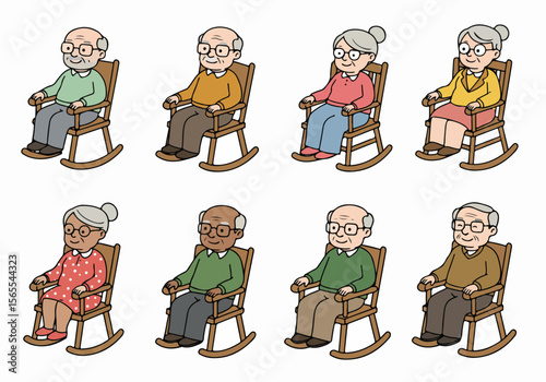 Diverse group of cartoon elderly people (men and women) sitting comfortably in rocking chairs, isolated on white background