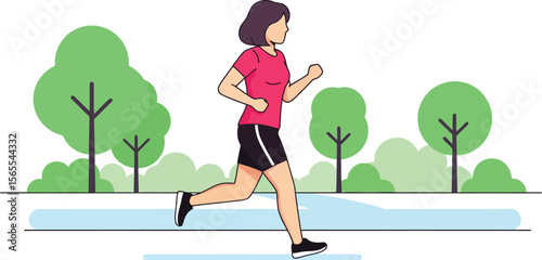 Woman in sportswear jogging through a green park with trees healthy lifestyle and fitness