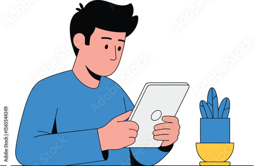 A young man using a tablet device with a blue shirt and a minimalist style illustration.