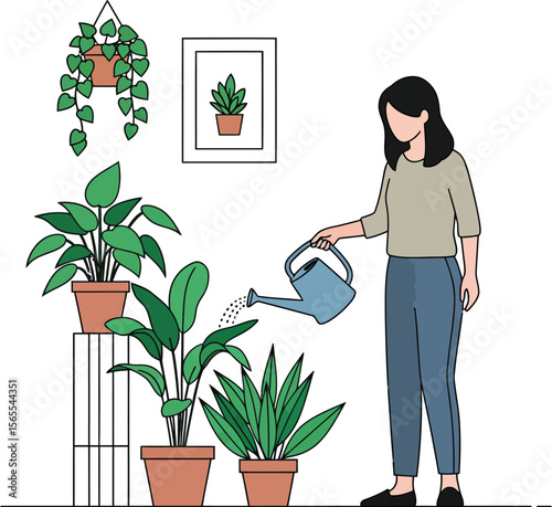 Woman watering potted plants with a blue watering can illustrating gardening and home decor