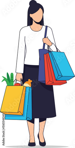 A woman carrying shopping bags representing grocery store purchases and fashion shopping in illustration style