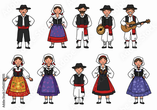 Collection of cartoon illustrations featuring Spanish folk costumes. Characters wear traditional clothing, with some holding musical instruments.