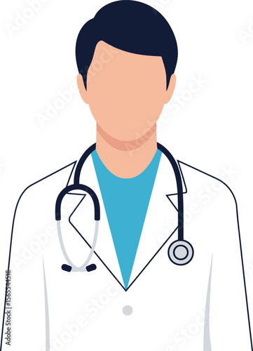 Simplified illustrated portrait of a medical professional wearing a stethoscope and a lab coat in a vector design