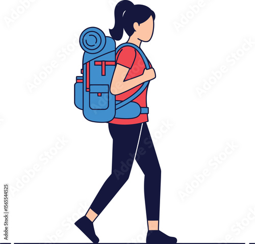 An illustrated depiction of a woman with a ponytail hiking with a large blue backpack outdoors