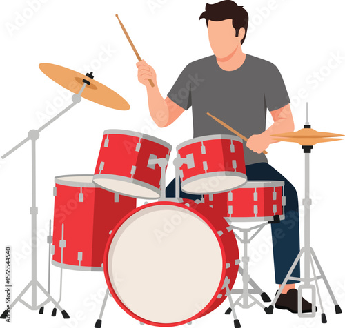 A male musician playing a red drum kit with cymbals and drumsticks demonstrating the art of drumming.