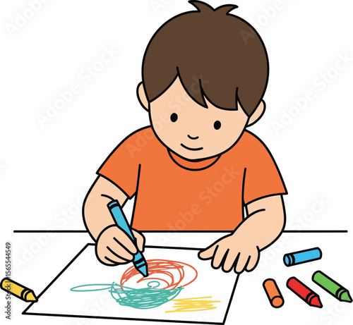 Young boy concentrating on colorful crayon artwork displaying creative artistic expression on a white sheet of paper
