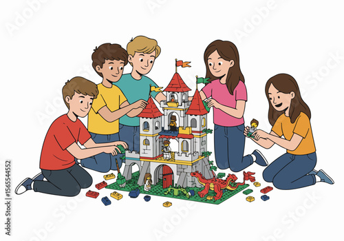 Group of kids collaborating to construct a detailed toy castle with blocks, knights, and a dragon, fostering imagination and teamwork.