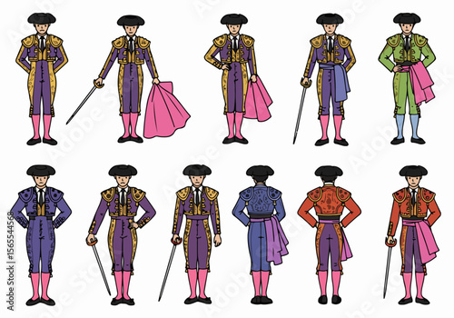 Set of Cartoon Illustrations of Spanish Bullfighters (Matadors) in Traditional Costumes and Various Poses on White Background