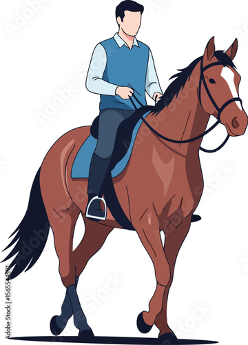 A man riding a brown horse in a flat illustration depicting equestrianism and horseback riding on a white background