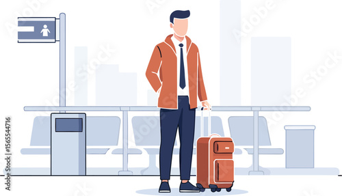 Businessman standing at a transportation hub with suitcase ready for travel departure