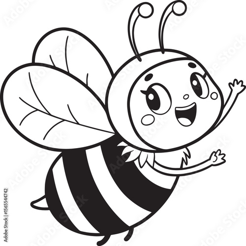 Happy Bee Illustration: A cheerful cartoon bee with big eyes and a friendly smile waves happily. This black and white illustration is perfect for children's books, educational materials.