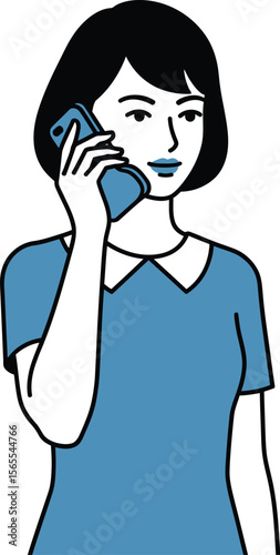 Illustration of a woman in a blue dress holding a smartphone in a gesture of communication and conversation.