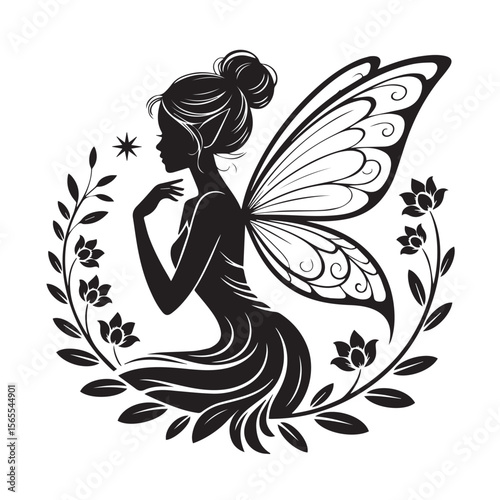 A black silhouette of a fairy with wings, sitting amidst flowers, isolated on white background