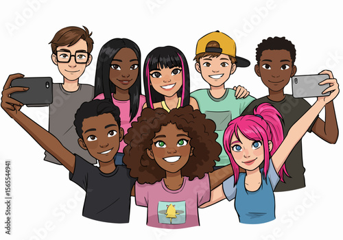 Diverse group of happy young friends taking a selfie with smartphones, smiling and connecting in a vibrant cartoon illustration.