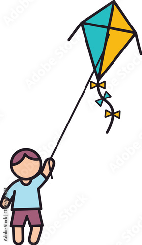 Vector illustration of a young child playing with a colorful kite on a bright sunny day outdoors.