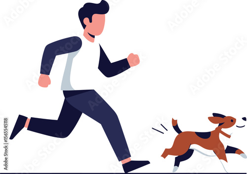 A man and his pet dog are happily running together in a lively and colorful flat illustration