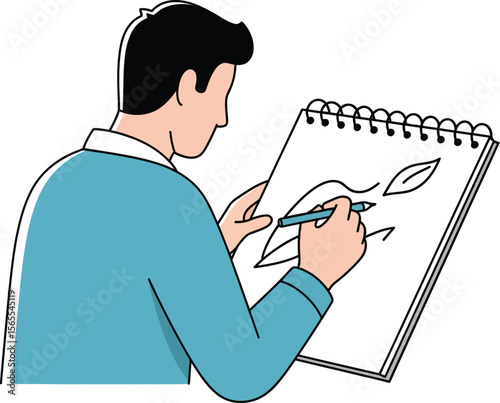 An artist sketches nature inspired elements on a drawing pad with a pen creating lines and shapes