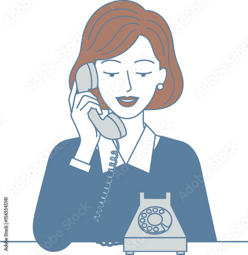 Illustration of a stylish woman conversing on a vintage telephone representing communication and support