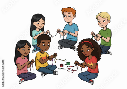 Diverse group of children sitting and making colorful friendship bracelets, engaging in a fun and creative craft activity together