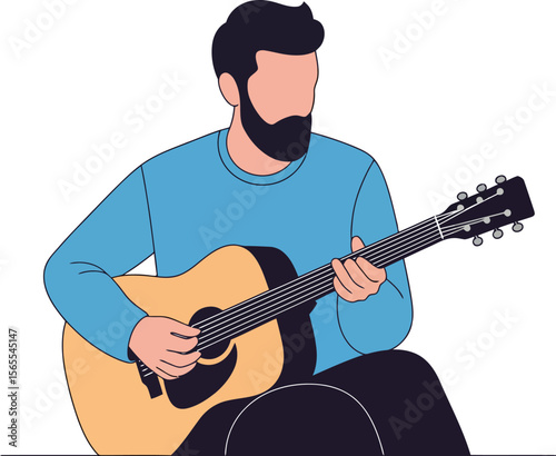 Illustration of a bearded man in blue playing an acoustic guitar with flat design style