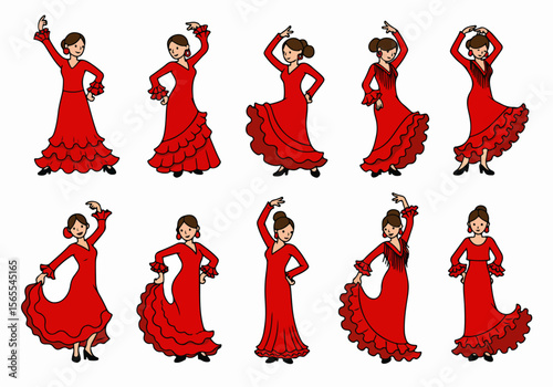 Set of cartoon illustrations depicting women in vibrant red dresses performing traditional Spanish flamenco dance in various poses, isolated on white.