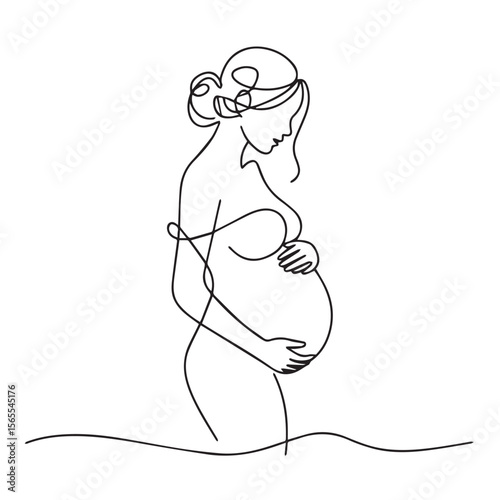 Oneline drawing of a pregnant woman gently holding her belly