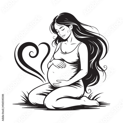 A pregnant woman sits peacefully, hands gently caressing her belly, a swirling heart shape nearby, isolated on white background
