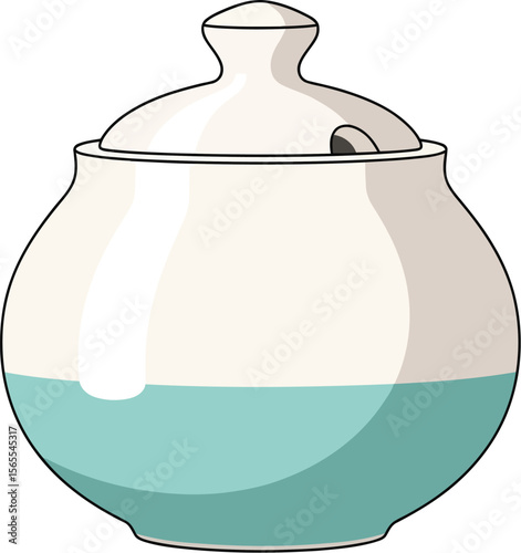 Simple two-tone illustration of a ceramic sugar bowl with a lid perfect for kitchen related designs.