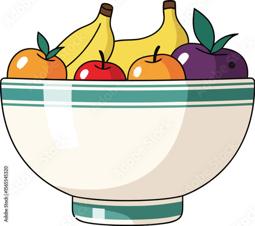 A decorative illustration displaying various fruits in a cream colored bowl with green stripes healthy food concept