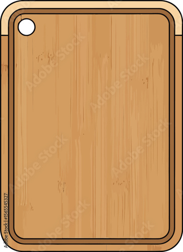 Vector illustration of a rectangular wooden cutting board with a hanging hole for kitchen use and cooking.