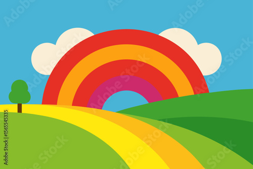 Vibrant Rainbow Arching Over Rolling Hills A Colorful Landscape Illustration