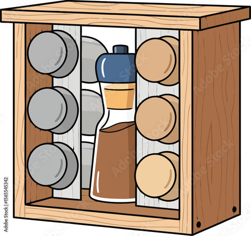 Wooden spice rack with various spice jars and bottle storage for culinary seasoning and flavors