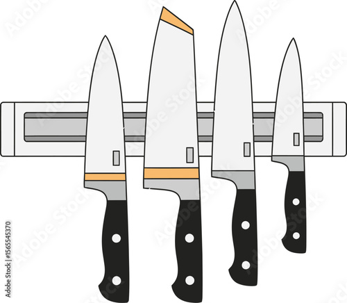 Various sharp kitchen knives securely stored on a magnetic knife strip for culinary purposes
