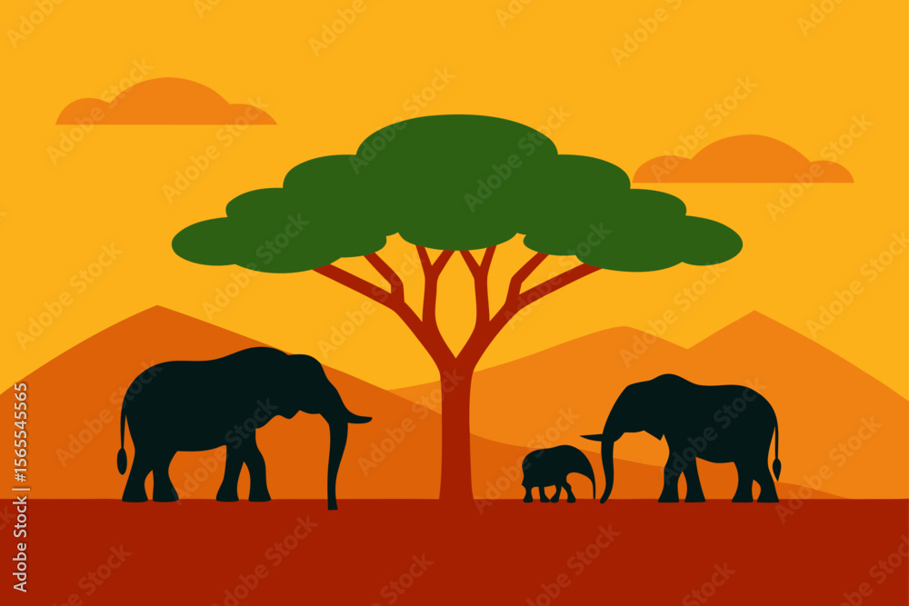 Fototapeta premium African Elephant Family Silhouette Sunset Savannah Landscape Illustration