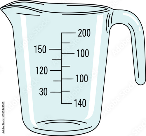 Transparent graduated measuring cup with handle and markings for precise liquid volume measurement in cooking