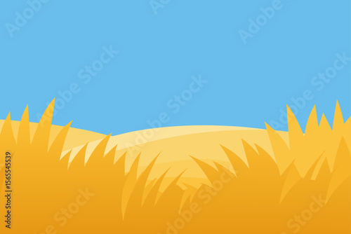Serene Golden Grasslands Under a Clear Blue Sky A Summer Landscape Illustration