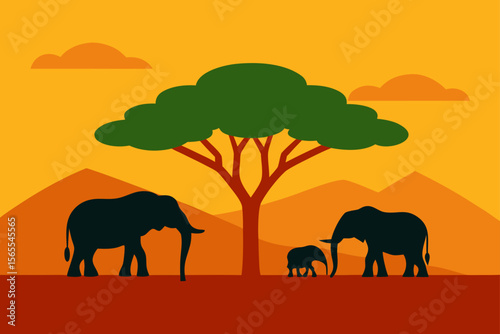 African Elephant Family Silhouette Sunset Savannah Landscape Illustration